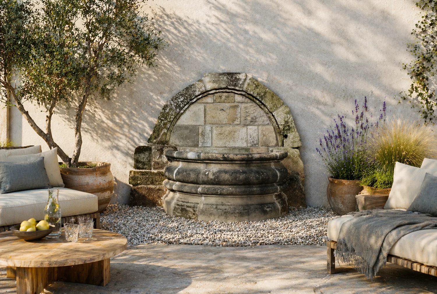 antiker wandbrunnen von französischer kalkstein