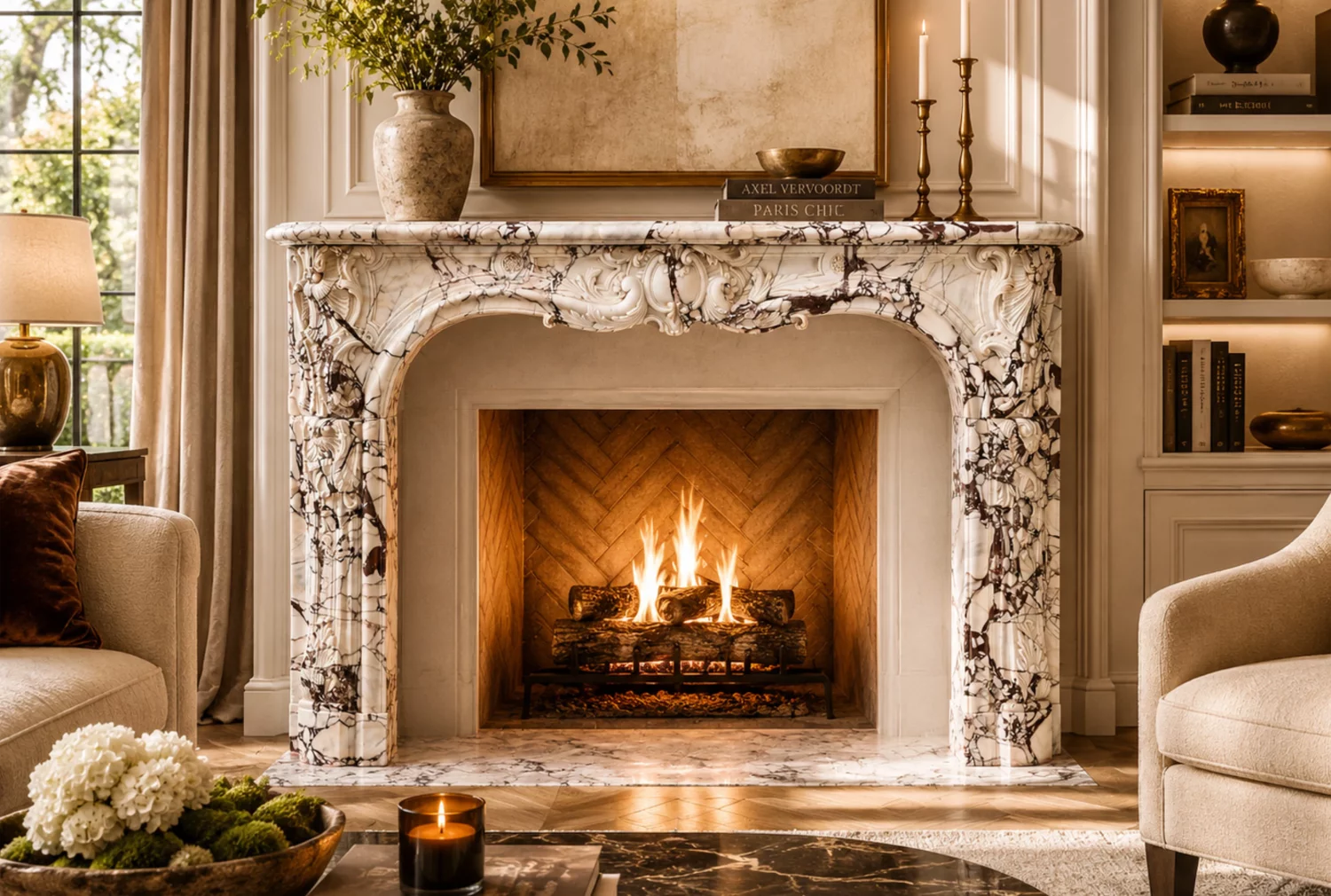 Nahaufnahme eines handwerklich gearbeiteten Louis-XV Fireplace Mantel aus Brèche Violette Marmor, mit Akanthusblättern, Kartuschen, Muschelwerk und plastischen Reliefdetails