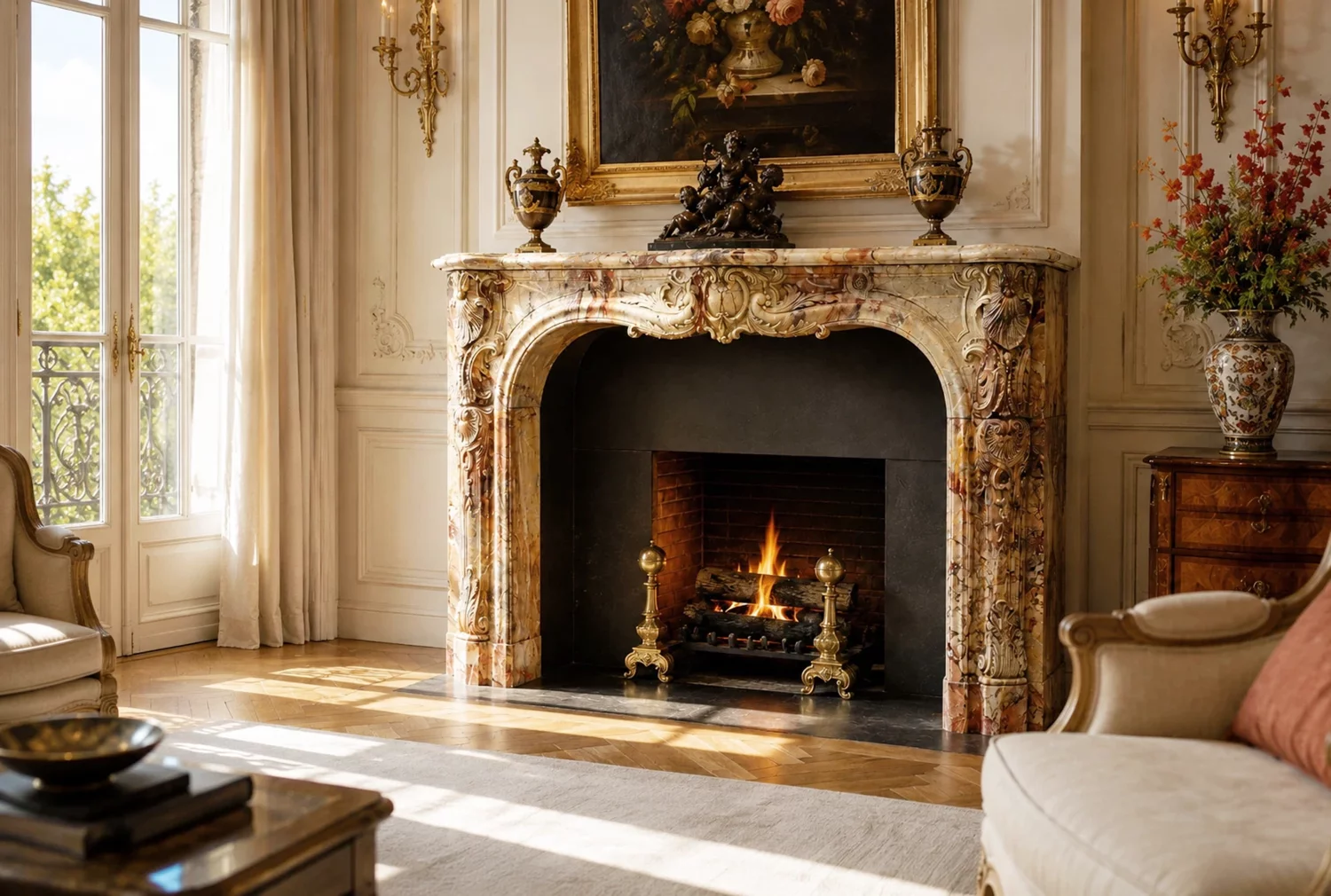 Nahaufnahme des Kaminsturzes eines 19. Jahrhundert Fireplace Mantel aus Sarrancolin-Marmor, zentrale Kartusche, Akanthusblätter, Voluten und französische Steinmetzarbeit